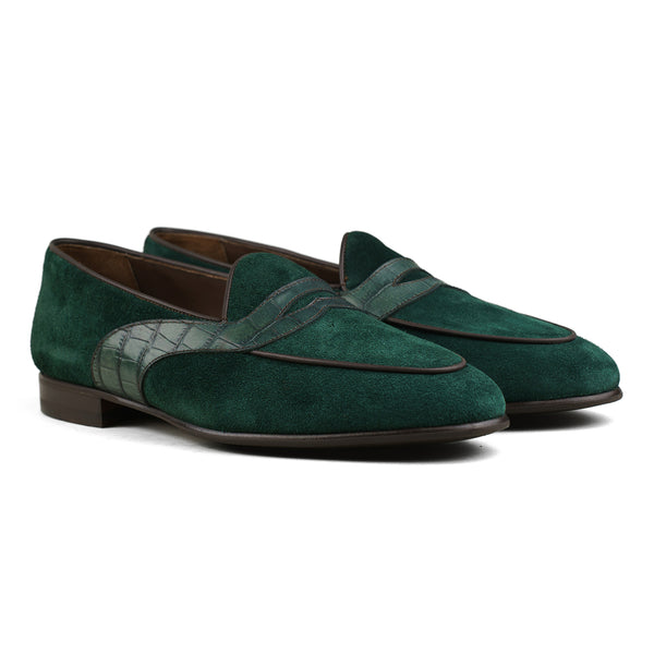 Belgian Penny Loafer - Green Suede w/ Faux Croc Strap