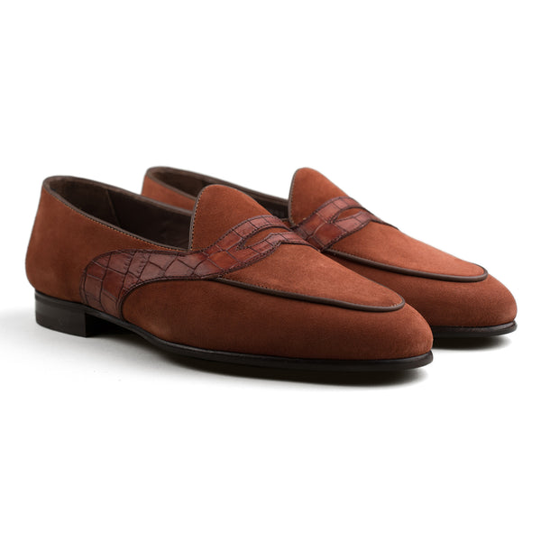 Belgian Penny Loafer - Sienna Suede w/ Faux Croc Strap