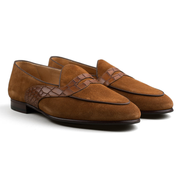 Belgian Penny Loafer - Tobacco Suede w/ Faux Croc Strap