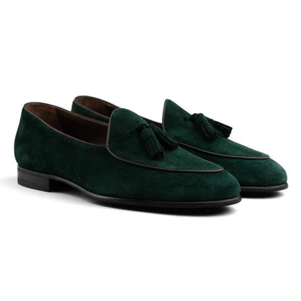 Belgian Tassel Loafer - Emerald Green Suede