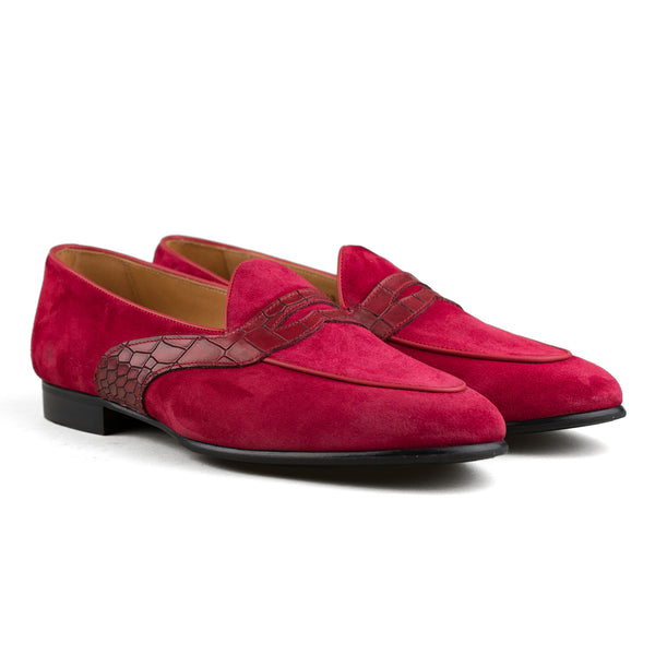 Belgian Penny Loafer - Red Suede w/ Faux Croc Strap