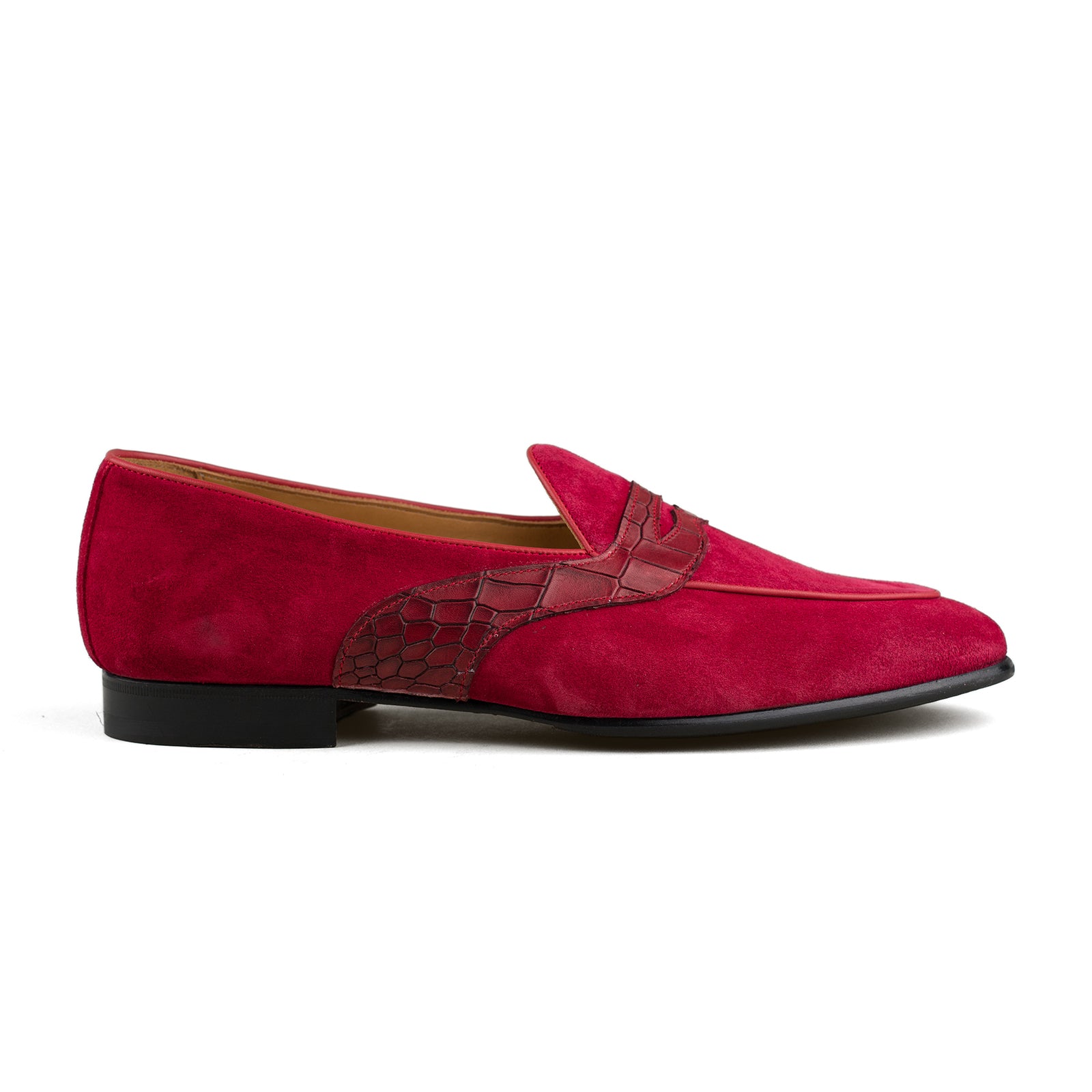 Belgian Penny Loafer - Red Suede w/ Faux Croc Strap